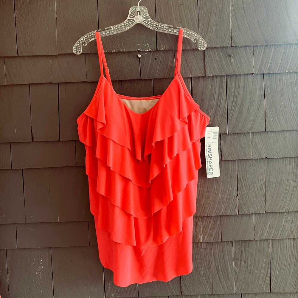 NWT Trimshaper Ruffle Tankini Swim Top 22W Coral Beachy Vacation Resort